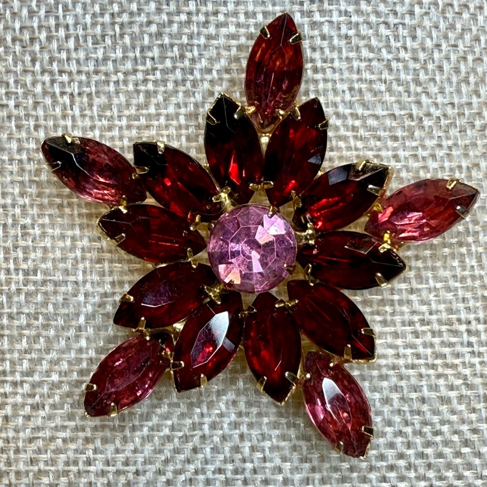 Vintage Rhinestone Elegant Red and Pink Floral Brooch